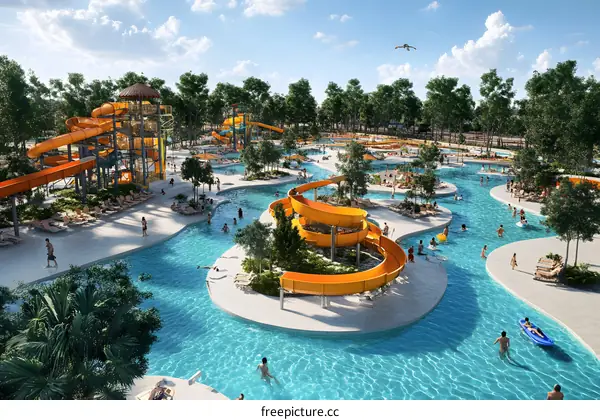 Aerial View of a Water Park with Multiple Slides and People