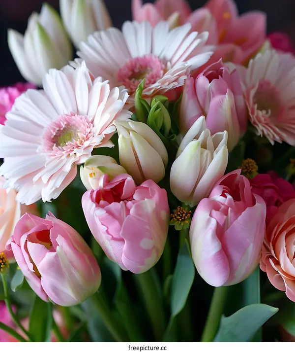 Closeup of Pink Tulips and Gerbera Daisy in a Bouquet