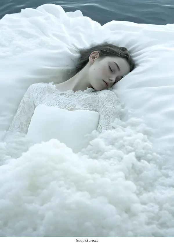 Woman in White Dress Sleeping on a Bed of Clouds