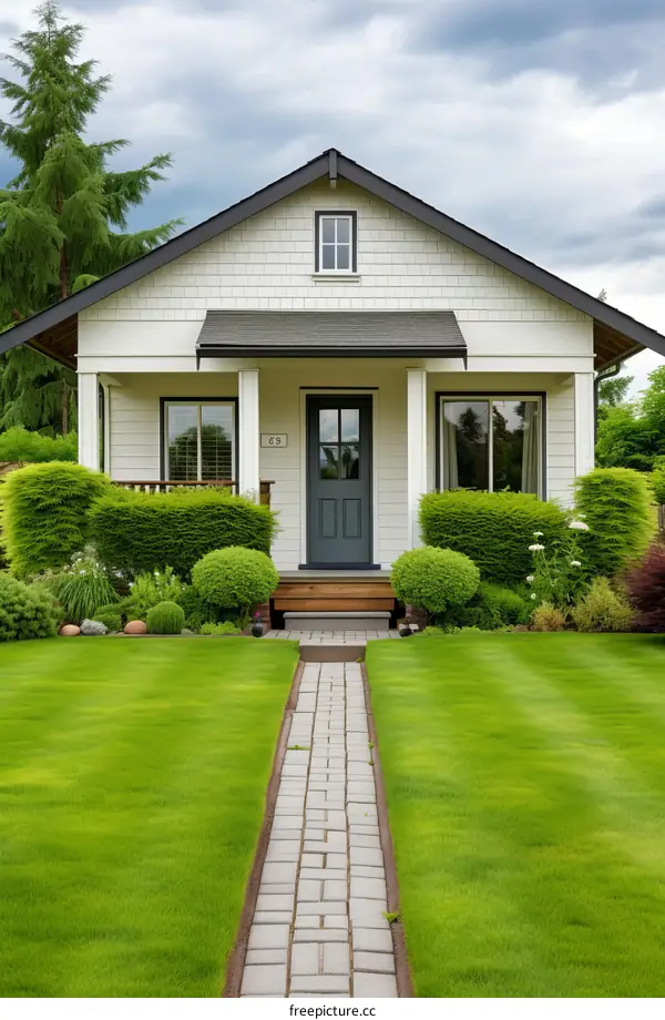 Modern Small White Cottage House with Suburban Landscaping