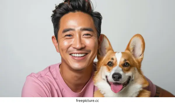 A smiling Asian man with a corgi dog