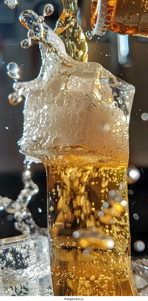 Close Up Of Beer Pouring Into Glass With Ice Cubes