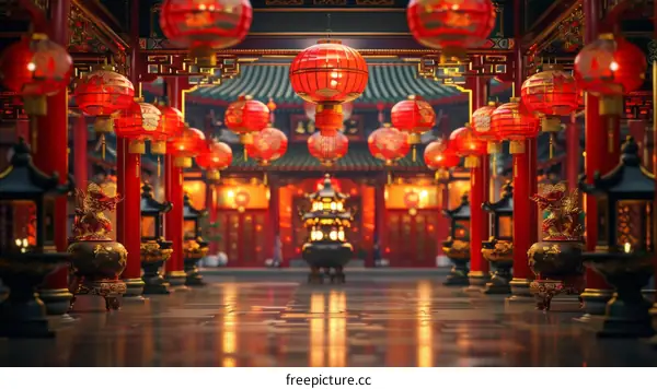 Red Lanterns and Festive Celebrations at a Chinese Temple During New Year