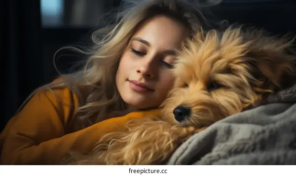 A young woman sleeping with her dog
