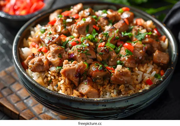 Close Up Of Teriyaki Chicken Rice Bowl With Green Onion