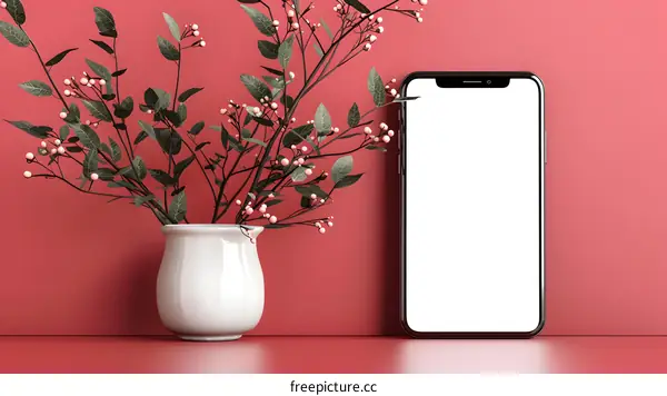 Modern Minimalist Smartphone Mockup with White Vase and Plant