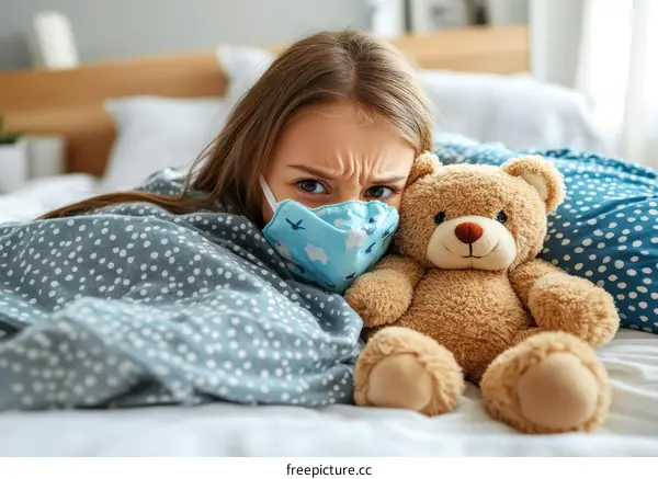 Child Wearing Mask with Teddy Bear on Bed