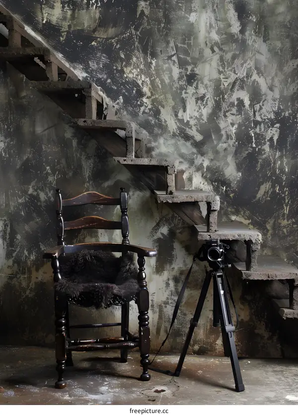 Vintage Chair and Camera Tripod on Concrete Stairs