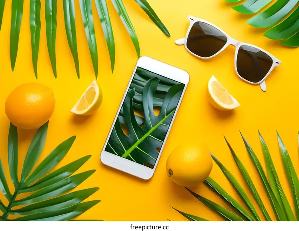 Summer Vacation Phone With Lemon And Palm Leaves
