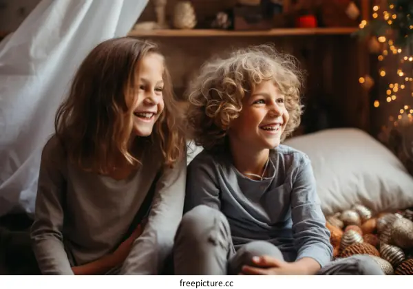 Two happy children sitting on a bed and looking away