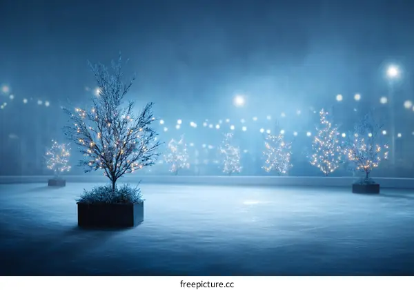 Winter Night Ice Skating Rink Decorated with Christmas Trees