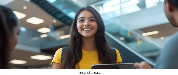 Smiling Hispanic Woman Using Tablet Inside Modern Building