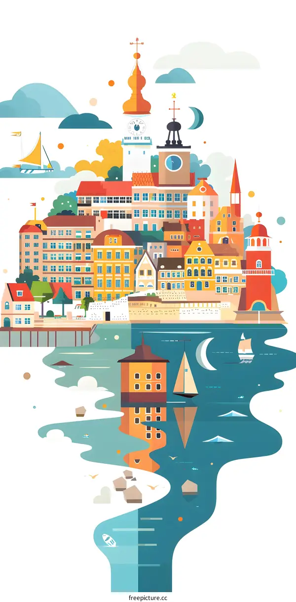 Colorful Flat Design Illustration of a Cityscape with Buildings and Boats