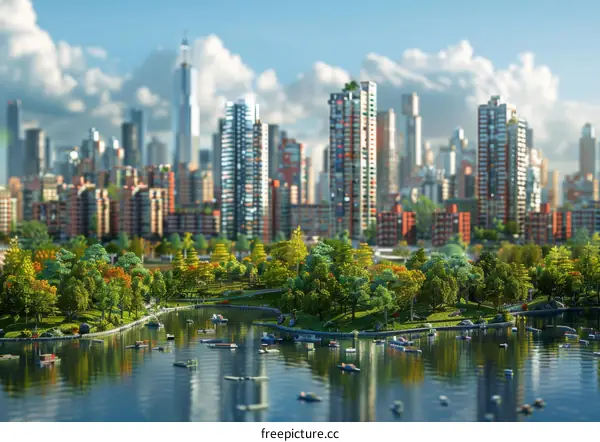 Cityscape Miniature with Park and Waterway