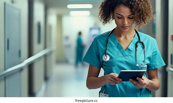 Black Female Doctor Using Tablet in Hospital Corridor