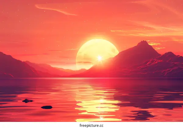 Serene Sunset Over Lake and Mountains