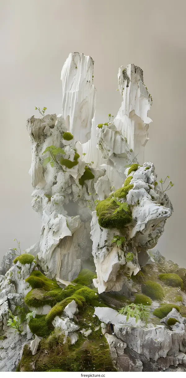 Abstract White Stone Sculpture with Green Moss
