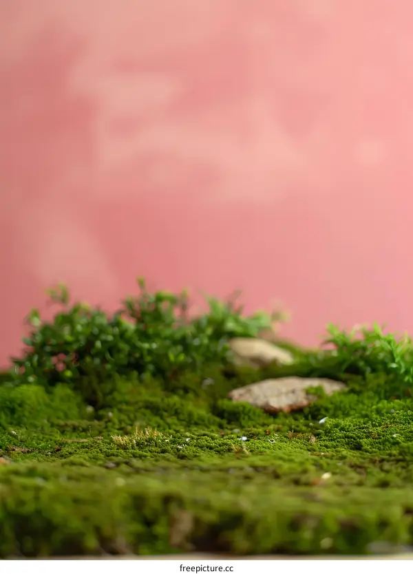 Green Moss and Stones Against a Pink Background