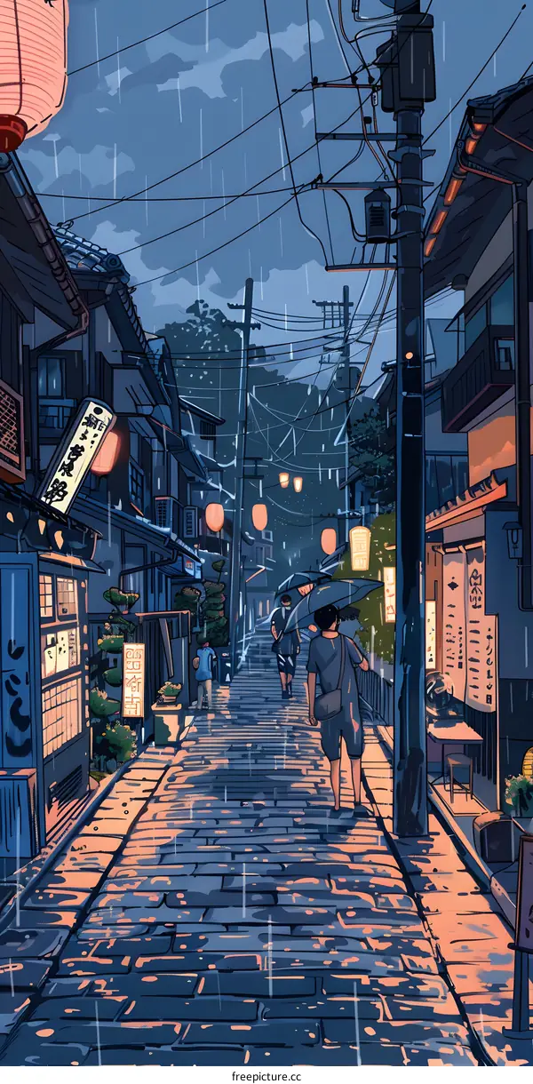 Rainy Night Street in Japan with Lanterns and People