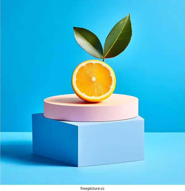 Orange Slice on Colorful Geometric Platforms Against a Blue Background