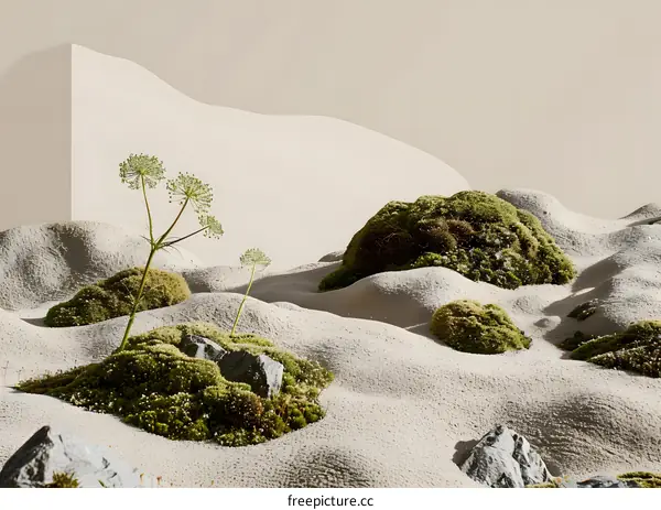 Minimalist Desert Landscape With Green Moss And Plants