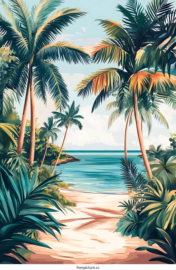 Tropical Beach Scene with Palm Trees and Ocean