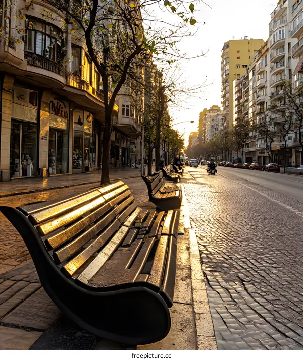 Empty Benches on a City Street at Dawn