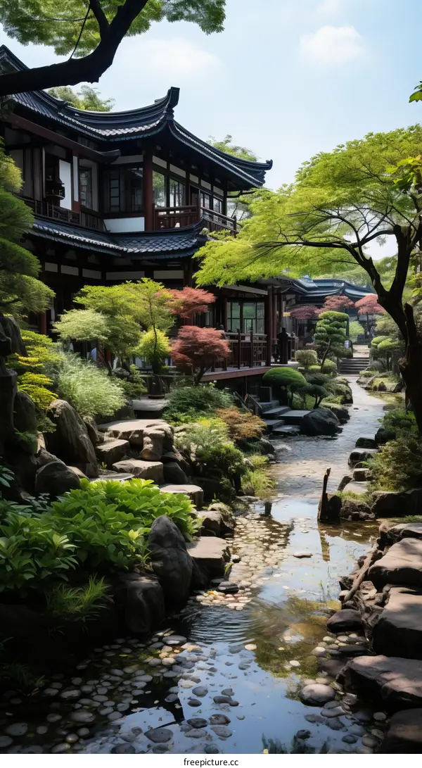 chinese traditional courtyard house with river and trees