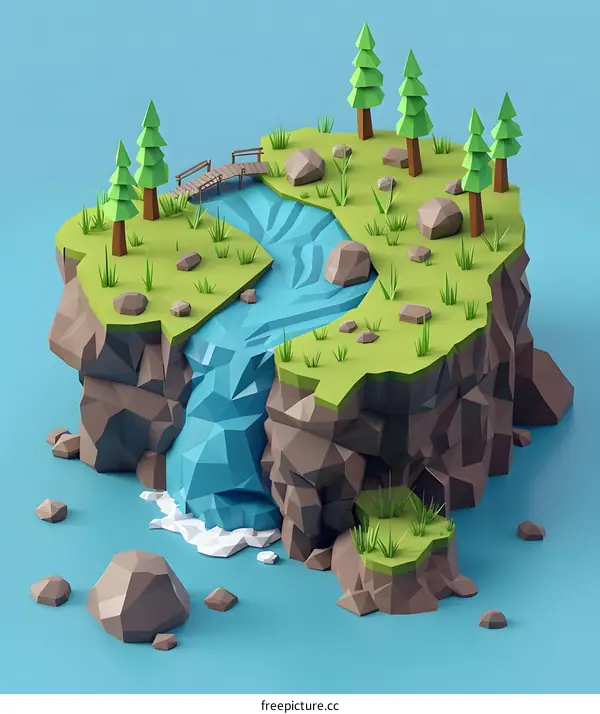 Low Poly Waterfall Landscape Illustration