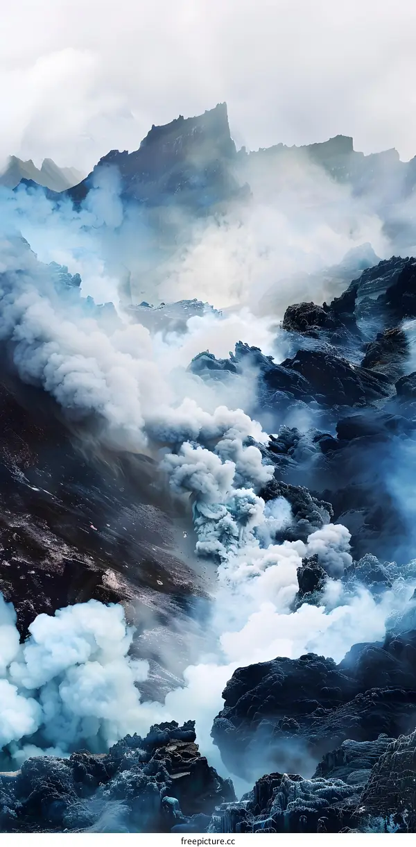 Icelandic Volcano Eruption with Smoke and Steam