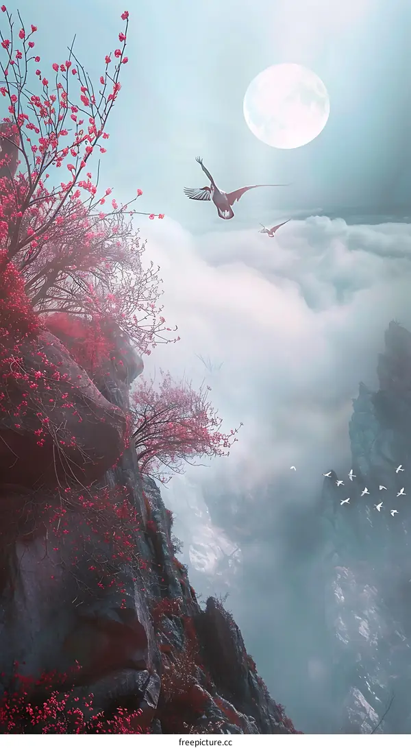 Misty Mountains with Pink Blossoms and Flying Birds under a Full Moon