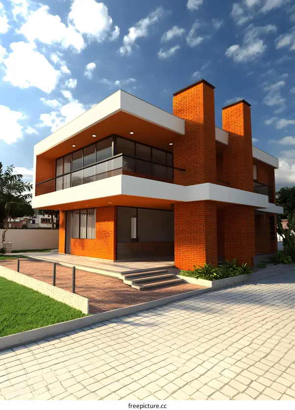 Modern Two Story Brick House With Balcony And Garden