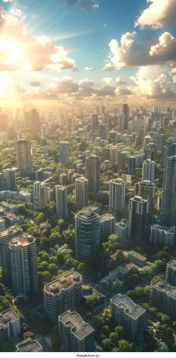 Aerial City of Green: Urban Skyline at Sunset