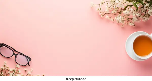Pink Background with Tea Cup, Glasses and Flowers