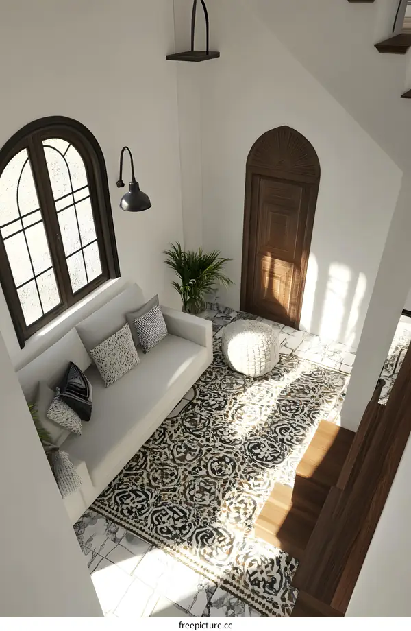 Modern Interior Design with White Sofa and Patterned Rug