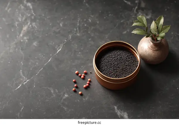 Black Mustard Seeds in a Decorative Container