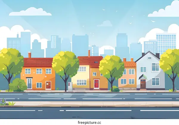 Cartoon Illustration of Houses on a Street in the City