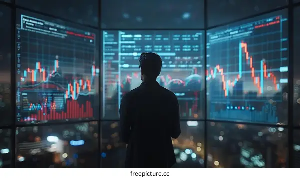 Businessman looking at multiple stock market graphs and charts on a large display.