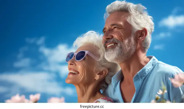 Happy elderly couple smiling and looking away