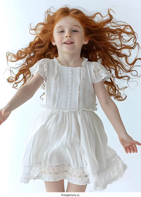 Little Girl With Long Red Hair Wearing White Dress