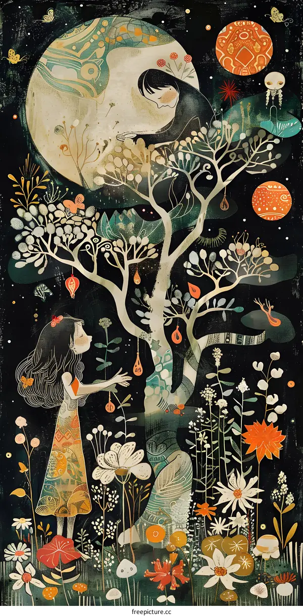 Two Girls Standing Under a Tree With Flowers and Moon in the Background