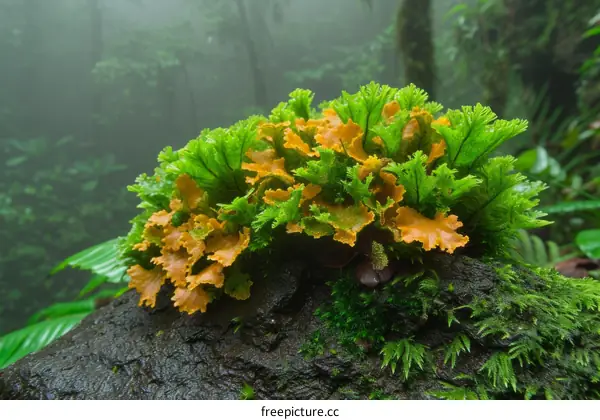 A cluster of liverworts growing on a rock in a misty forest
