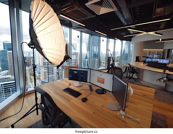 Modern Office Workspace with City View and Professional Lighting Equipment