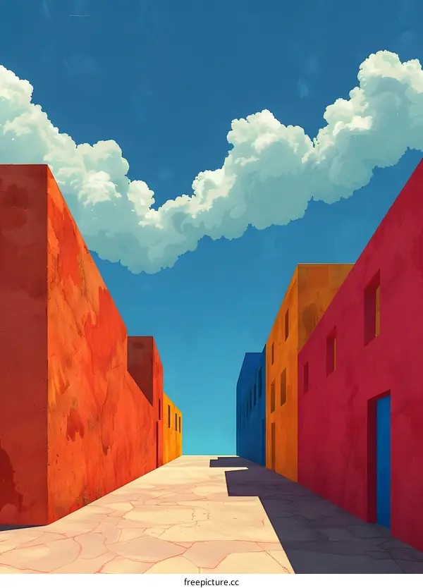 An illustration of a street with colorful buildings and a blue sky