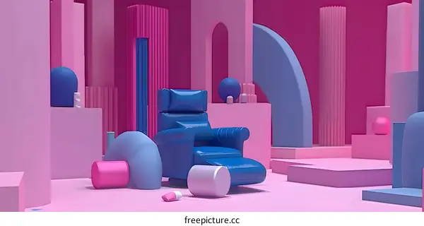 Blue Chair in a Pink and Blue Room with Geometric Shapes