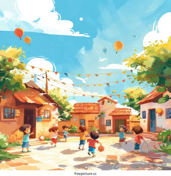 Children playing basketball in a small village