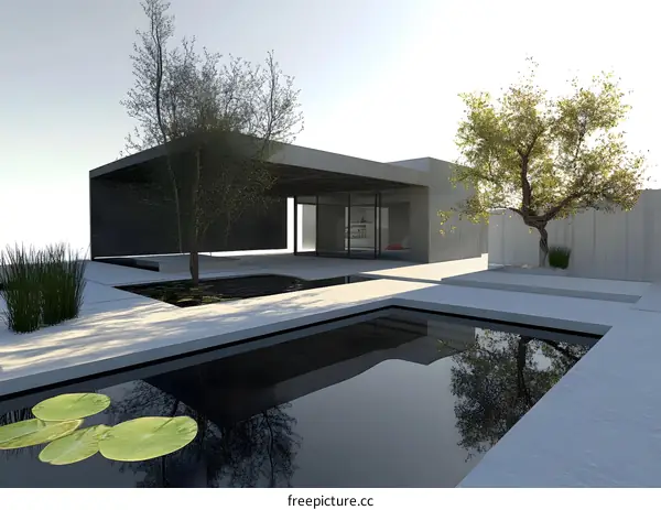 Minimalist Modern House with Pool and Water Lily Pond