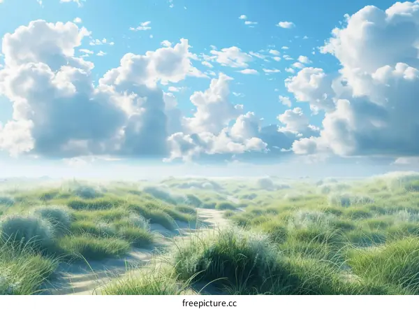 Expansive Grassland Under Blue Sky with White Clouds