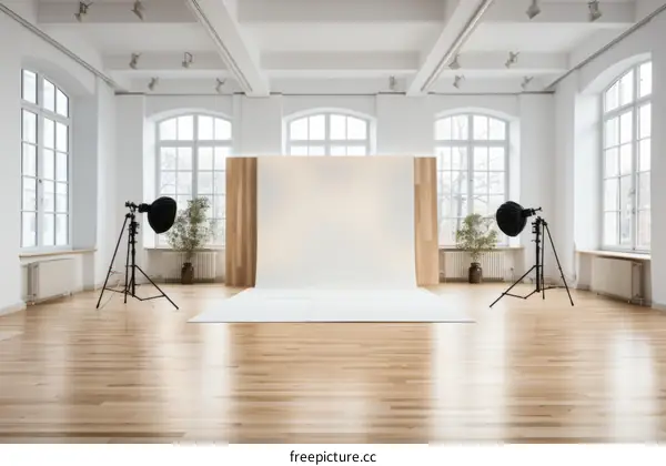 large empty room with wooden floor and large windows