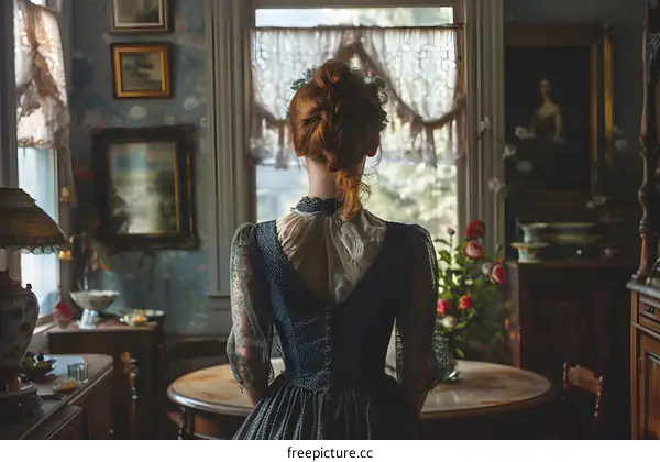 A woman standing in a room with a lot of paintings on the walls